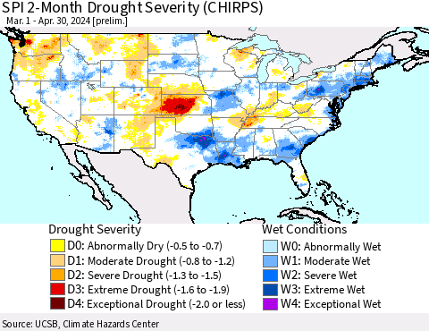 United States SPI 2-Month Drought Severity (CHIRPS) Thematic Map For 3/1/2024 - 4/30/2024