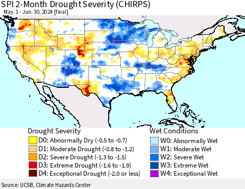 United States SPI 2-Month Drought Severity (CHIRPS) Thematic Map For 5/1/2024 - 6/30/2024