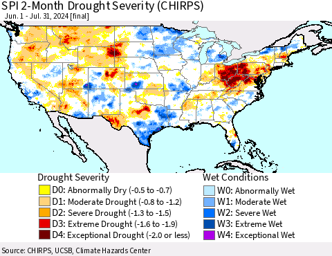 United States SPI 2-Month Drought Severity (CHIRPS) Thematic Map For 6/1/2024 - 7/31/2024