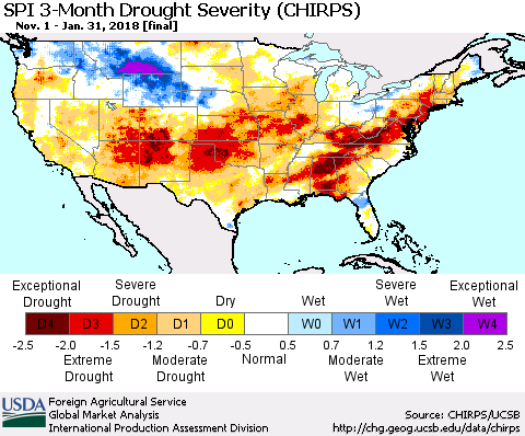 United States SPI 3-Month Drought Severity (CHIRPS) Thematic Map For 11/1/2017 - 1/31/2018