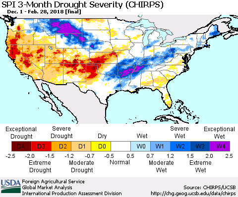 United States SPI 3-Month Drought Severity (CHIRPS) Thematic Map For 12/1/2017 - 2/28/2018