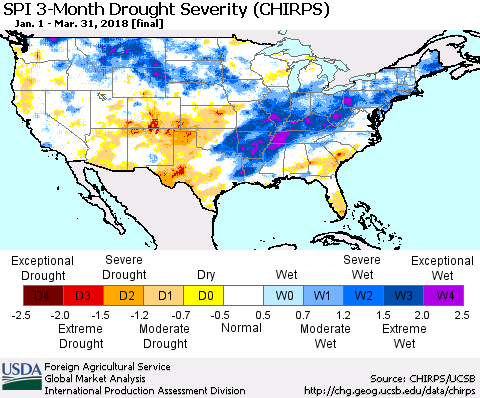 United States SPI 3-Month Drought Severity (CHIRPS) Thematic Map For 1/1/2018 - 3/31/2018