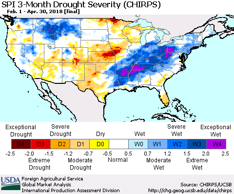 United States SPI 3-Month Drought Severity (CHIRPS) Thematic Map For 2/1/2018 - 4/30/2018