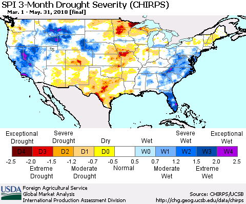 United States SPI 3-Month Drought Severity (CHIRPS) Thematic Map For 3/1/2018 - 5/31/2018