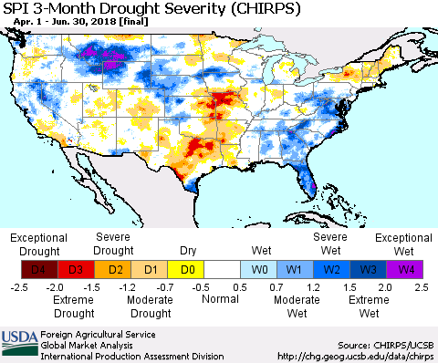 United States SPI 3-Month Drought Severity (CHIRPS) Thematic Map For 4/1/2018 - 6/30/2018