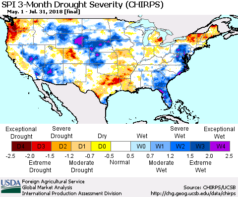 United States SPI 3-Month Drought Severity (CHIRPS) Thematic Map For 5/1/2018 - 7/31/2018