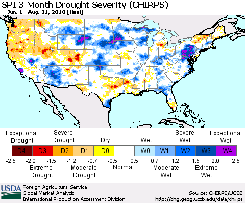 United States SPI 3-Month Drought Severity (CHIRPS) Thematic Map For 6/1/2018 - 8/31/2018
