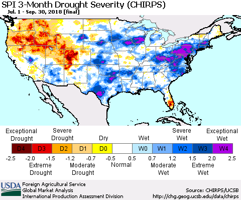 United States SPI 3-Month Drought Severity (CHIRPS) Thematic Map For 7/1/2018 - 9/30/2018