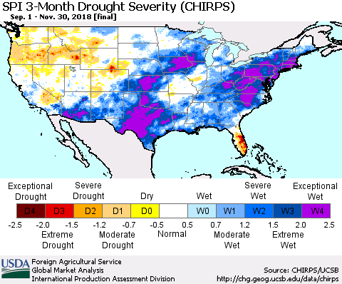 United States SPI 3-Month Drought Severity (CHIRPS) Thematic Map For 9/1/2018 - 11/30/2018