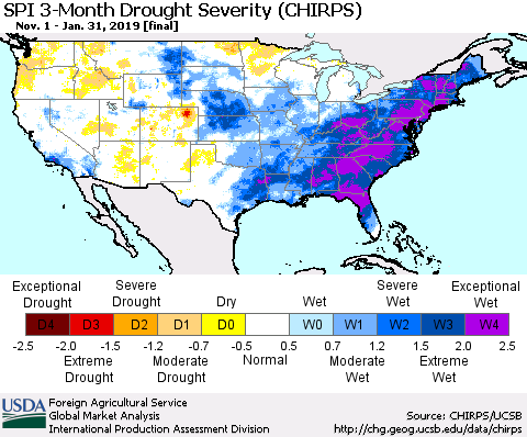 United States SPI 3-Month Drought Severity (CHIRPS) Thematic Map For 11/1/2018 - 1/31/2019