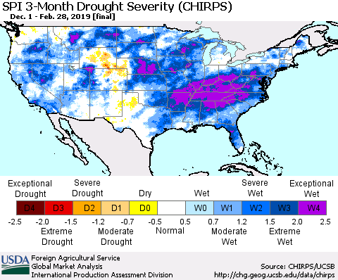 United States SPI 3-Month Drought Severity (CHIRPS) Thematic Map For 12/1/2018 - 2/28/2019