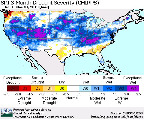 United States SPI 3-Month Drought Severity (CHIRPS) Thematic Map For 1/1/2019 - 3/31/2019