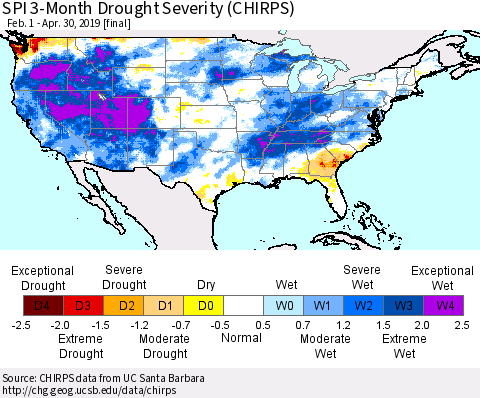 United States SPI 3-Month Drought Severity (CHIRPS) Thematic Map For 2/1/2019 - 4/30/2019