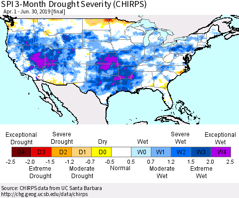 United States SPI 3-Month Drought Severity (CHIRPS) Thematic Map For 4/1/2019 - 6/30/2019