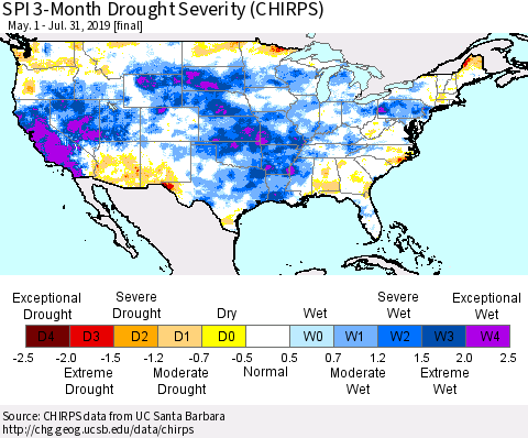 United States SPI 3-Month Drought Severity (CHIRPS) Thematic Map For 5/1/2019 - 7/31/2019