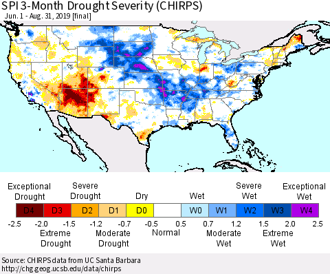 United States SPI 3-Month Drought Severity (CHIRPS) Thematic Map For 6/1/2019 - 8/31/2019