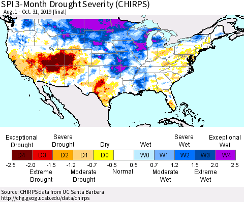 United States SPI 3-Month Drought Severity (CHIRPS) Thematic Map For 8/1/2019 - 10/31/2019