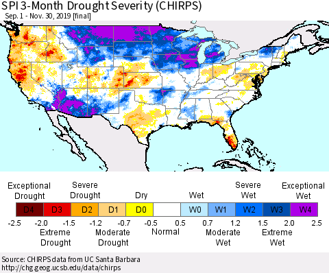 United States SPI 3-Month Drought Severity (CHIRPS) Thematic Map For 9/1/2019 - 11/30/2019