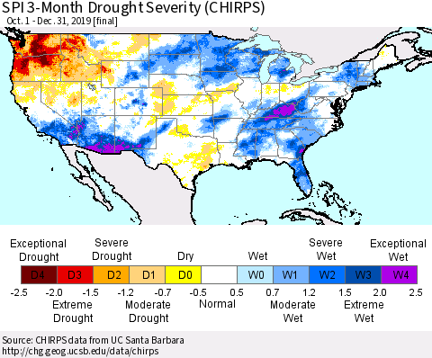 United States SPI 3-Month Drought Severity (CHIRPS) Thematic Map For 10/1/2019 - 12/31/2019