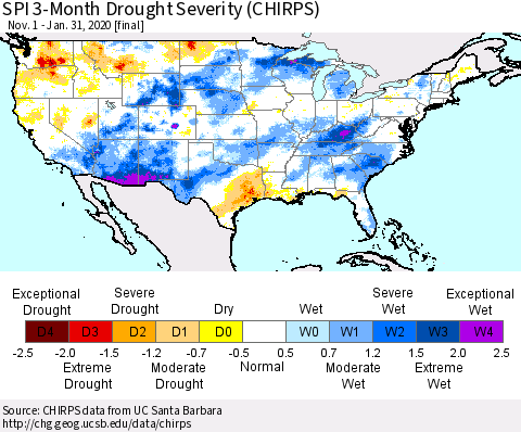 United States SPI 3-Month Drought Severity (CHIRPS) Thematic Map For 11/1/2019 - 1/31/2020