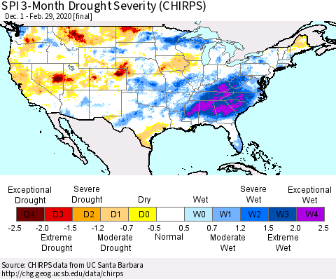 United States SPI 3-Month Drought Severity (CHIRPS) Thematic Map For 12/1/2019 - 2/29/2020