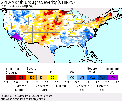 United States SPI 3-Month Drought Severity (CHIRPS) Thematic Map For 4/1/2020 - 6/30/2020