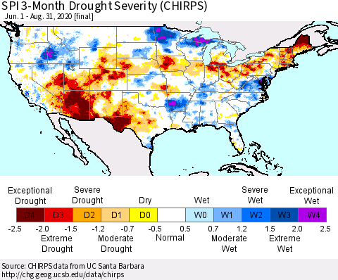 United States SPI 3-Month Drought Severity (CHIRPS) Thematic Map For 6/1/2020 - 8/31/2020