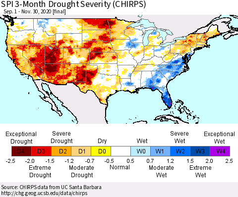 United States SPI 3-Month Drought Severity (CHIRPS) Thematic Map For 9/1/2020 - 11/30/2020
