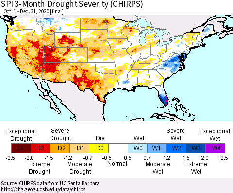 United States SPI 3-Month Drought Severity (CHIRPS) Thematic Map For 10/1/2020 - 12/31/2020
