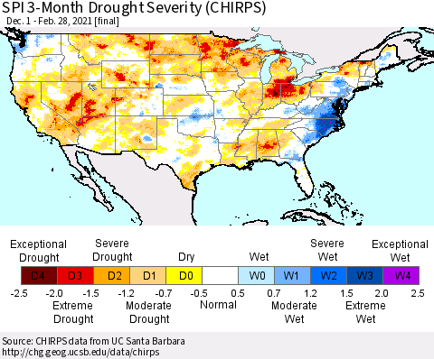 United States SPI 3-Month Drought Severity (CHIRPS) Thematic Map For 12/1/2020 - 2/28/2021