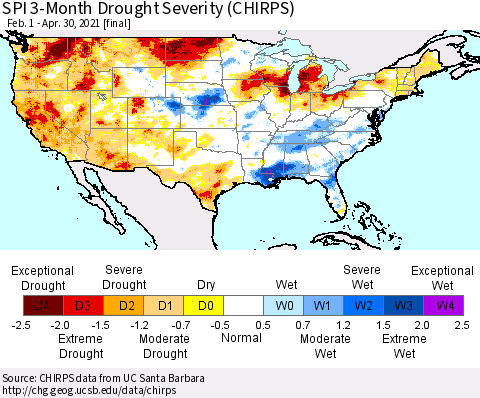 United States SPI 3-Month Drought Severity (CHIRPS) Thematic Map For 2/1/2021 - 4/30/2021