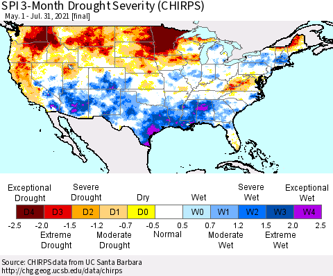 United States SPI 3-Month Drought Severity (CHIRPS) Thematic Map For 5/1/2021 - 7/31/2021