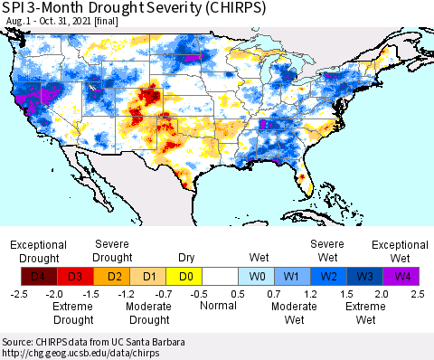 United States SPI 3-Month Drought Severity (CHIRPS) Thematic Map For 8/1/2021 - 10/31/2021