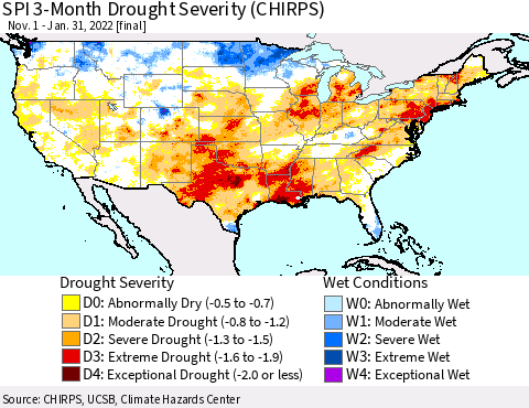 United States SPI 3-Month Drought Severity (CHIRPS) Thematic Map For 11/1/2021 - 1/31/2022