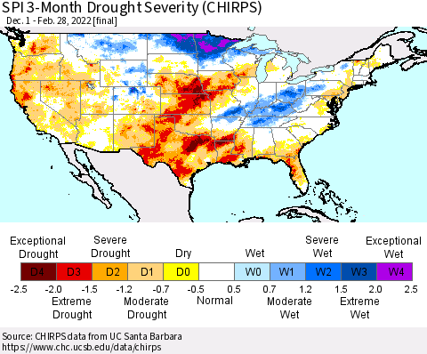 United States SPI 3-Month Drought Severity (CHIRPS) Thematic Map For 12/1/2021 - 2/28/2022