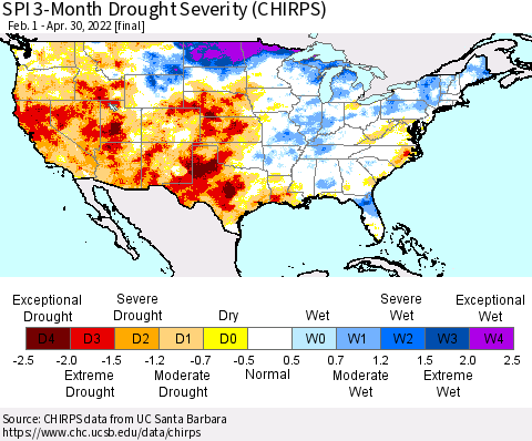 United States SPI 3-Month Drought Severity (CHIRPS) Thematic Map For 2/1/2022 - 4/30/2022