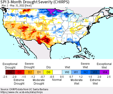 United States SPI 3-Month Drought Severity (CHIRPS) Thematic Map For 3/1/2022 - 5/31/2022