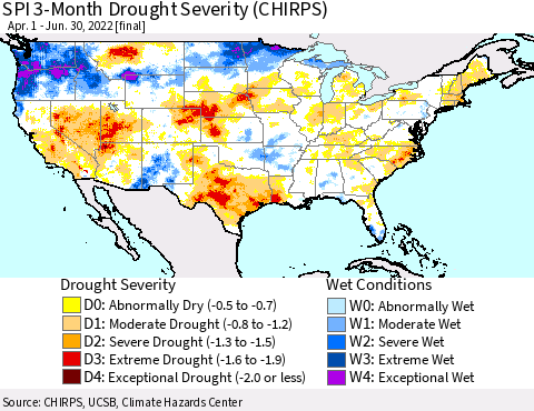 United States SPI 3-Month Drought Severity (CHIRPS) Thematic Map For 4/1/2022 - 6/30/2022