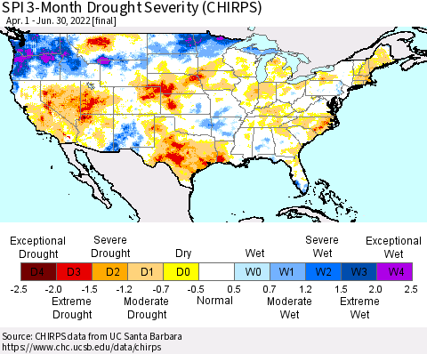 United States SPI 3-Month Drought Severity (CHIRPS) Thematic Map For 4/1/2022 - 6/30/2022