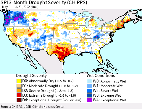 United States SPI 3-Month Drought Severity (CHIRPS) Thematic Map For 5/1/2022 - 7/31/2022