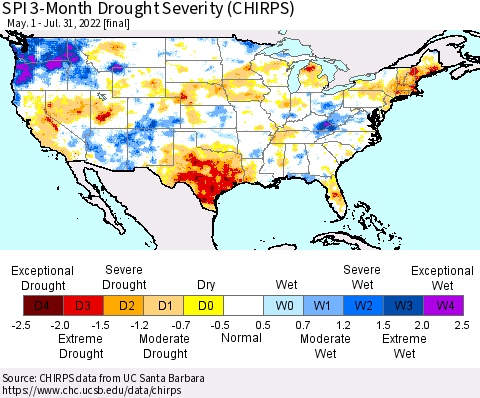 United States SPI 3-Month Drought Severity (CHIRPS) Thematic Map For 5/1/2022 - 7/31/2022