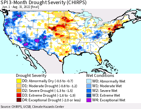 United States SPI 3-Month Drought Severity (CHIRPS) Thematic Map For 6/1/2022 - 8/31/2022