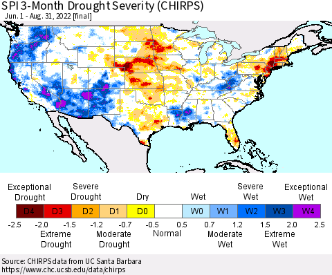 United States SPI 3-Month Drought Severity (CHIRPS) Thematic Map For 6/1/2022 - 8/31/2022