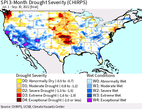 United States SPI 3-Month Drought Severity (CHIRPS) Thematic Map For 7/1/2022 - 9/30/2022