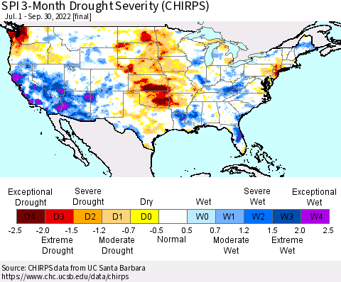 United States SPI 3-Month Drought Severity (CHIRPS) Thematic Map For 7/1/2022 - 9/30/2022