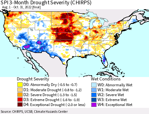 United States SPI 3-Month Drought Severity (CHIRPS) Thematic Map For 8/1/2022 - 10/31/2022