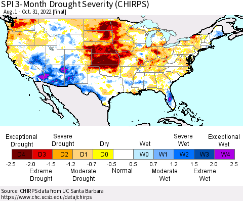 United States SPI 3-Month Drought Severity (CHIRPS) Thematic Map For 8/1/2022 - 10/31/2022