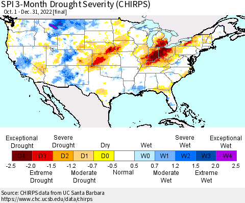 United States SPI 3-Month Drought Severity (CHIRPS) Thematic Map For 10/1/2022 - 12/31/2022