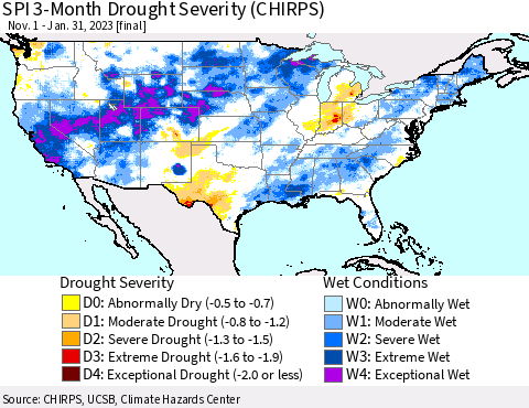 United States SPI 3-Month Drought Severity (CHIRPS) Thematic Map For 11/1/2022 - 1/31/2023