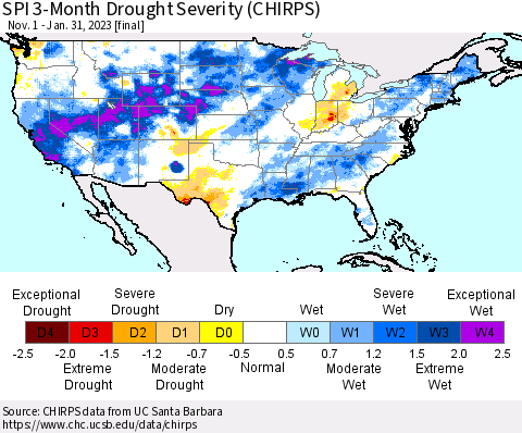 United States SPI 3-Month Drought Severity (CHIRPS) Thematic Map For 11/1/2022 - 1/31/2023